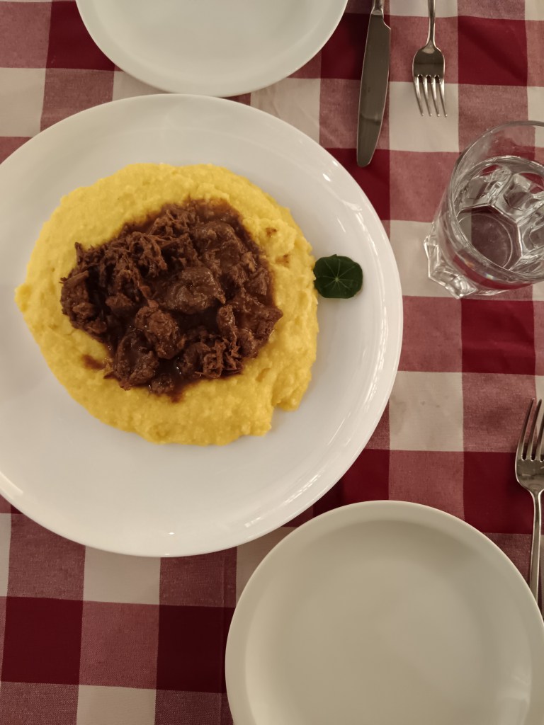 A dish of polenta and wild boar on a checkered tablecloth