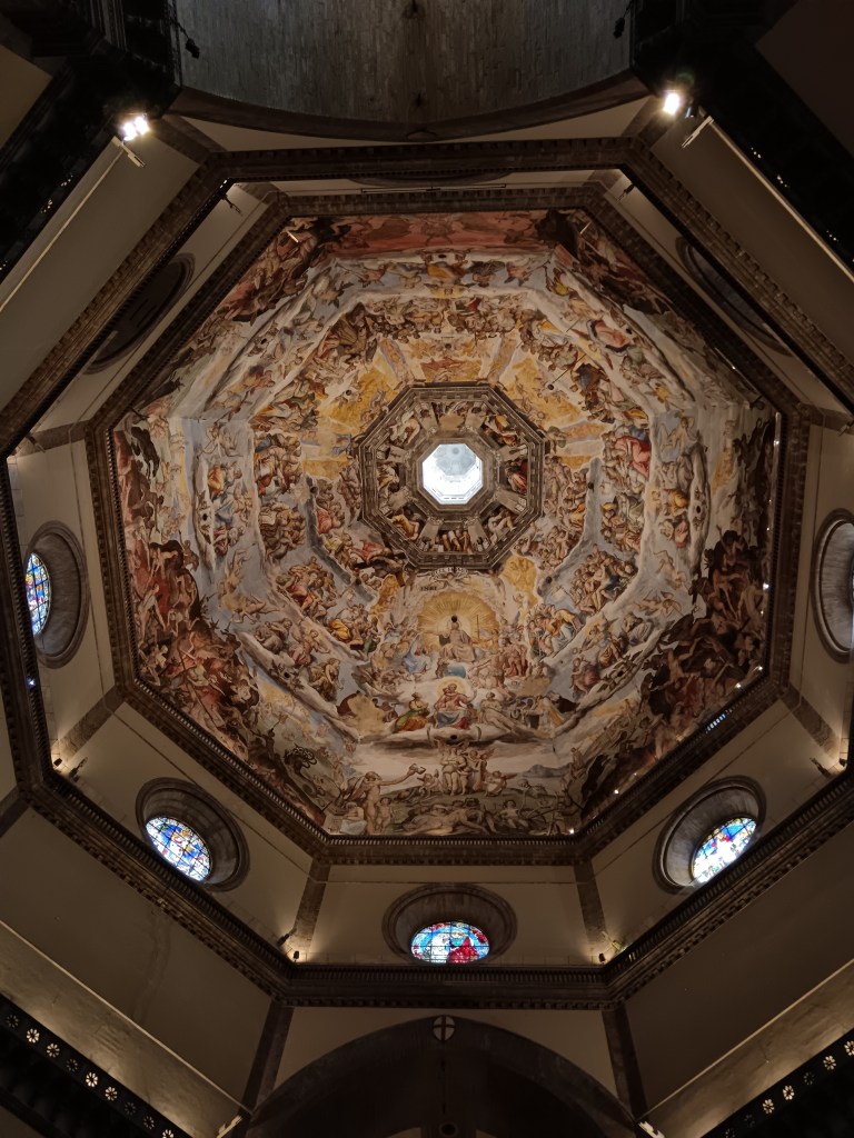 Looking up at a beautifully painted dome ceiling in a cathedral