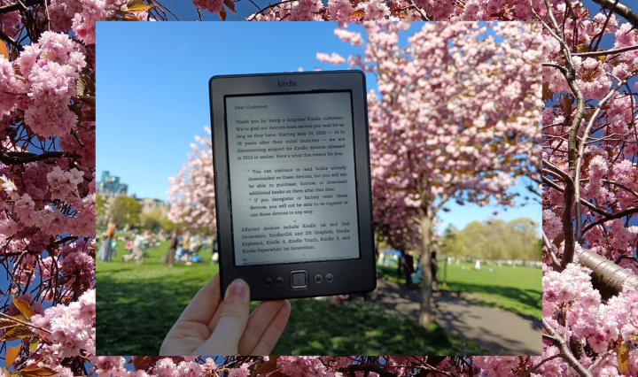 In front of pink cherry blossom trees I hold up my Kindle which says it will no longer work