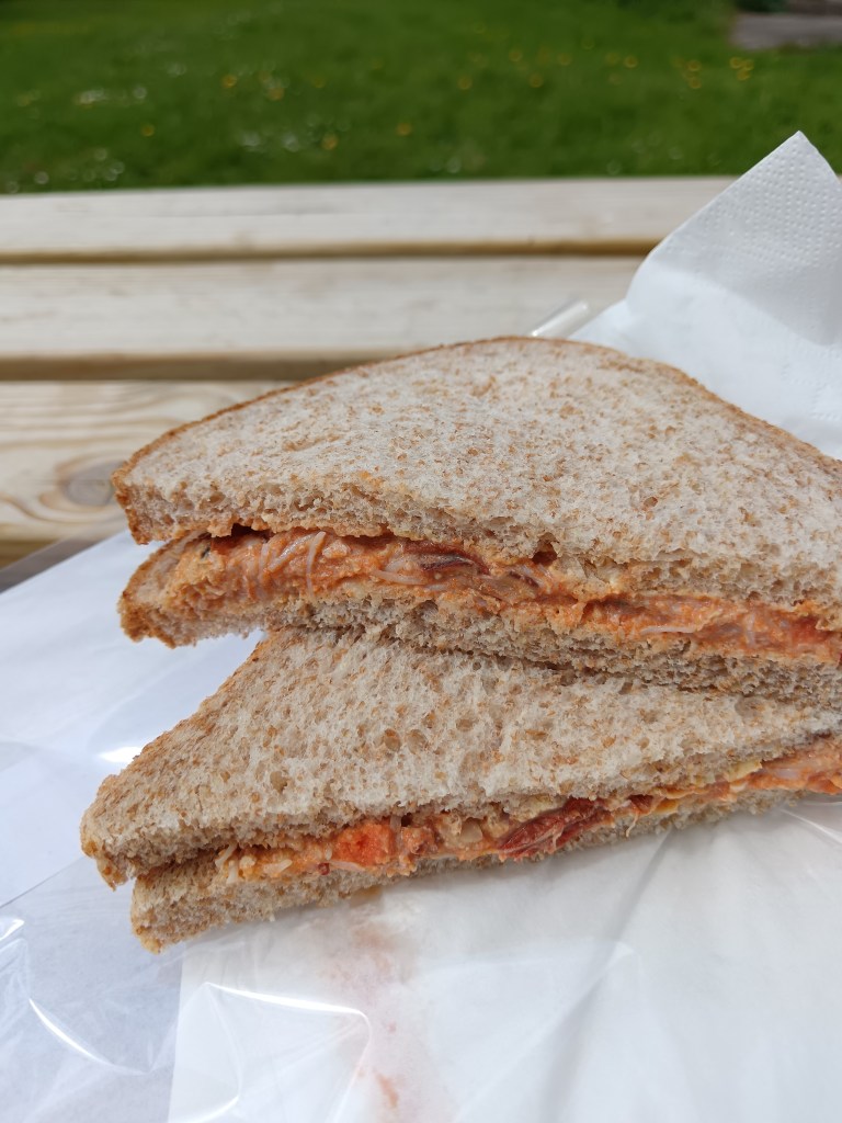 A crab sandwich on a picnic bench