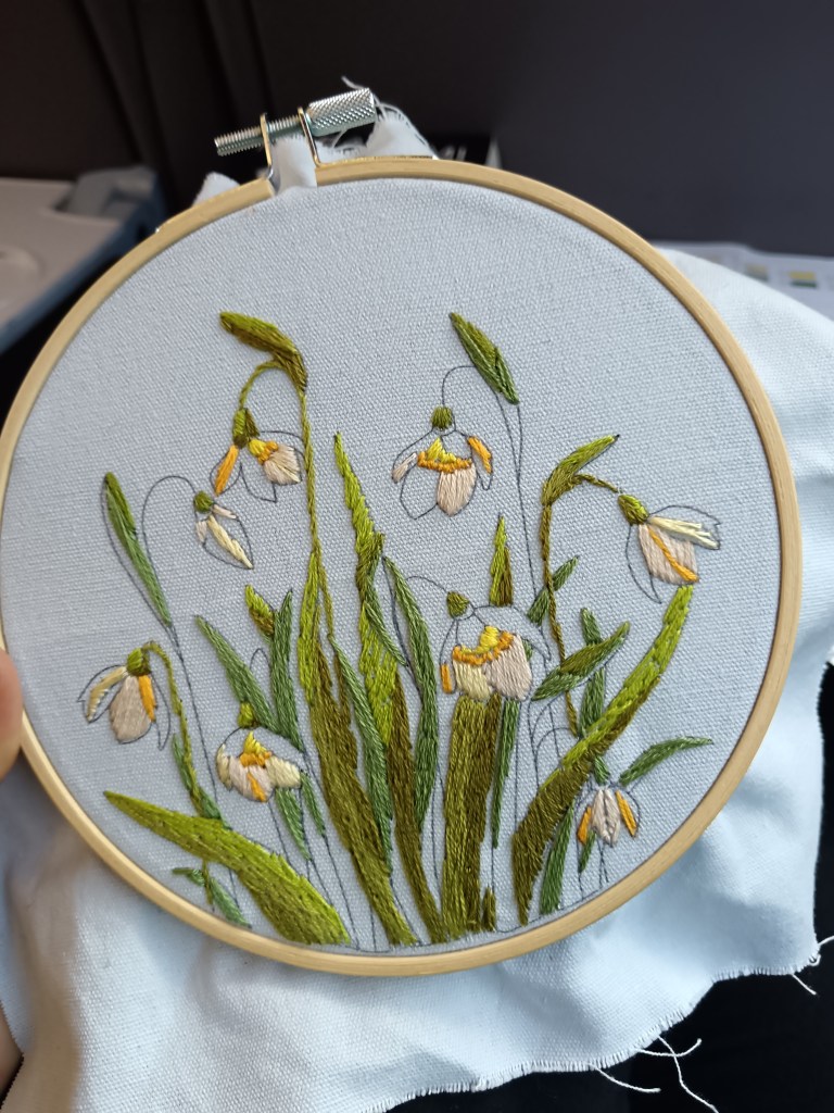 A snow drop embroidery project in progress