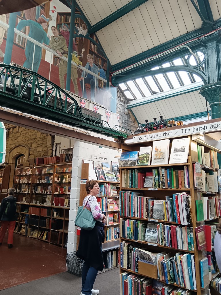 Model trains running over the top of bookshelves