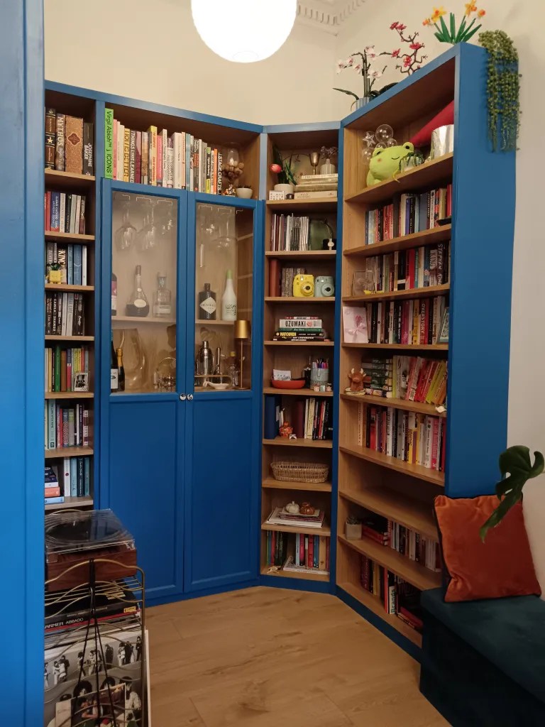 Wooden bookshelves with a blue outside stacked with lots of different books and deocrative trinkets